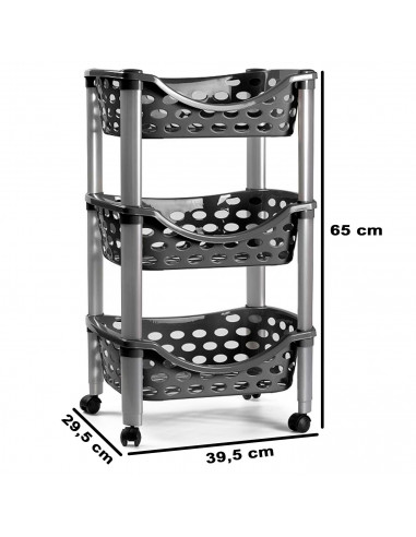 Tradineur - Carrito verdulero de plástico con 3 niveles y ruedas - PLFT Aire - Cestas apilables portaobjetos - 65 x 39,5 x 29,5
