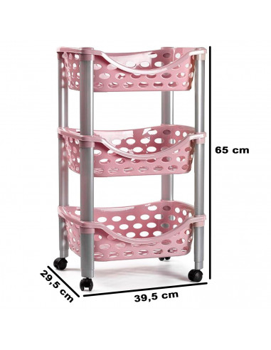 Tradineur - Carrito verdulero de plástico con 3 niveles y ruedas - PLFT Aire - Cestas apilables portaobjetos - 65 x 39,5 x 29,5
