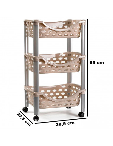 Tradineur - Carrito verdulero de plástico con 3 niveles y ruedas - PLFT Aire - Cestas apilables portaobjetos - 65 x 39,5 x 29,5