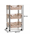 Tradineur - Carrito verdulero de plástico con 3 niveles y ruedas - PLFT Aire - Cestas apilables portaobjetos - 65 x 39,5 x 29,5