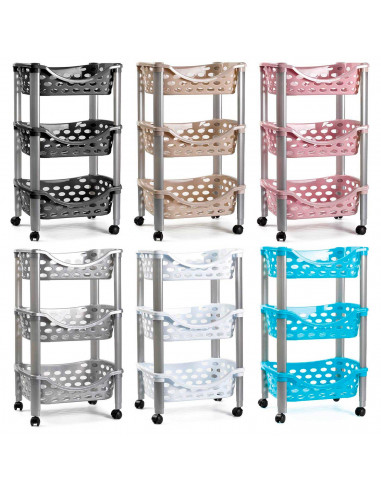 Tradineur - Carrito verdulero de plástico con 3 niveles y ruedas - PLFT Aire - Cestas apilables portaobjetos - 65 x 39,5 x 29,5
