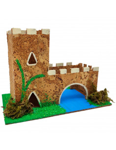 Tradineur - Castillo con río para Belén, corcho, edificio decorativo para nacimiento, pesebre, adorno artesano, Navidad, 11 x 15