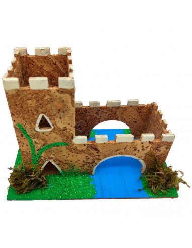 Tradineur - Castillo con río para Belén, corcho, edificio decorativo para nacimiento, pesebre, adorno artesano, Navidad, 11 x 15