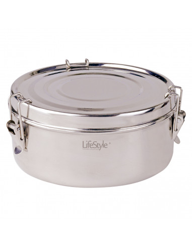 Fiambrera de acero inoxidable, de 16 cm diámetro y 10 cm de altura con 2 platos. Recipiente para almacenar comida de inox con 2