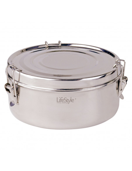 Fiambrera de acero inoxidable, de 16 cm diámetro y 10 cm de altura con 2 platos. Recipiente para almacenar comida de inox con 2