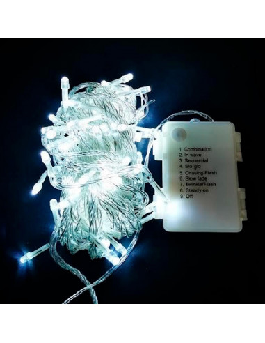 Tradineur - Tira de 50 luces LEDs para navidad a pilas (no incluidas) - Cableado blanco - Apto solo para interior y exterior - F