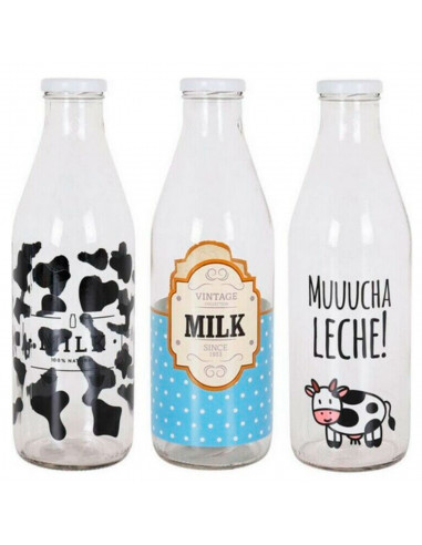 Tradineur - Botella de cristal para leche decorada, botella para bebidas con tapa de rosca, batidos, zumos, licuados de verduras
