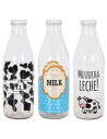 Tradineur - Botella de cristal para leche decorada, botella para bebidas con tapa de rosca, batidos, zumos, licuados de verduras