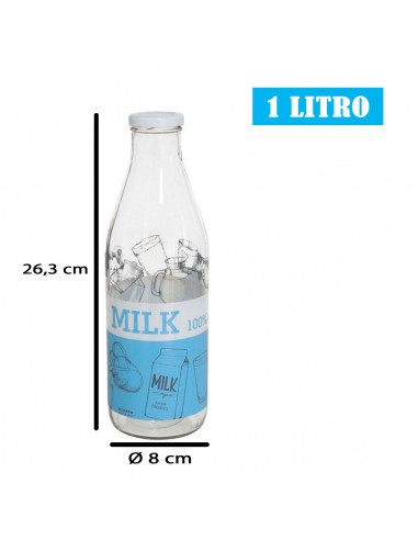 Tradineur - Botella de cristal para leche decorada, botella para bebidas con tapa de rosca, batidos, zumos, licuados de verduras
