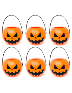Tradineur - Pack de 6 Mini-Cestas de calabaza para Halloween - Plástico - Adorno para decoración festiva - 5 x 7 x 6,5 cm - Nara