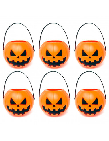 Tradineur - Pack de 6 Mini-Cestas de calabaza para Halloween - Plástico - Adorno para decoración festiva - 5 x 7 x 6,5 cm - Nara