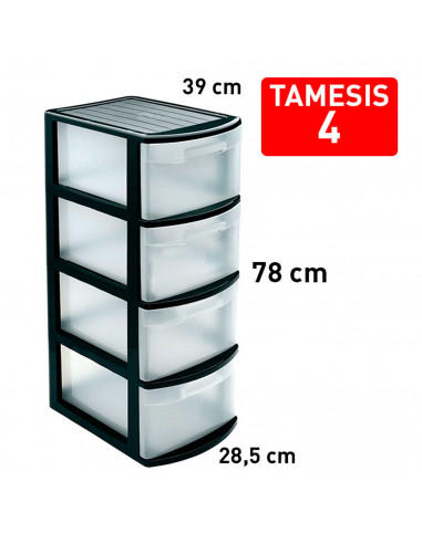 Tradineur - Cajonera color negro, tipo támesis de 4 cajones, 78 x 28,5 x 39 cm, torre almacenaje multiusos, organización, ideal