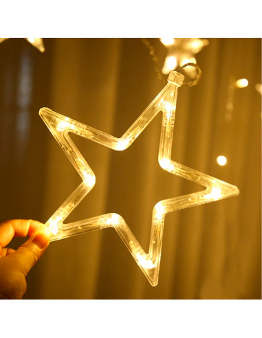 Tradineur - Cortina de luces LED con estrellas, guirnalda luminosa para interior, 9W, incluye mando regulador, Navidad, ventana,