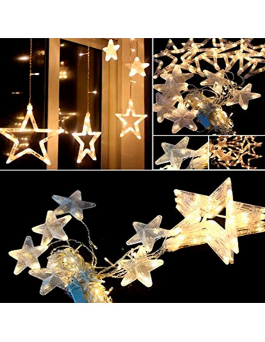 Tradineur - Cortina de luces LED con estrellas, guirnalda luminosa para interior, 9W, incluye mando regulador, Navidad, ventana,