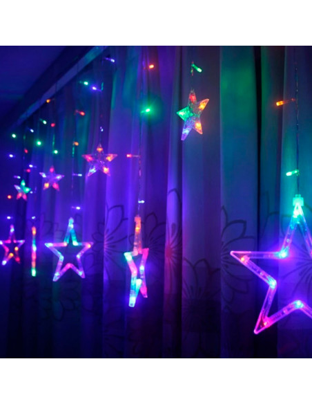 Tradineur - Cortina de luz con estrellas, LED, guirnalda luminosa para interior, 9W, incluye mando regulador, Navidad, ventana,
