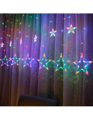 Tradineur - Cortina de luz con estrellas, LED, guirnalda luminosa para interior, 9W, incluye mando regulador, Navidad, ventana,