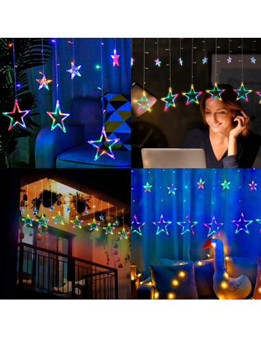 Tradineur - Cortina de luz con estrellas, LED, guirnalda luminosa para interior, 9W, incluye mando regulador, Navidad, ventana,