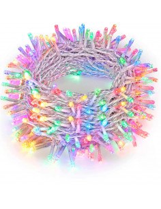 Tradineur - Tira de 300 luces LEDs a pilas - Cableado Blanco - Apto para interiores - Función de luz foja e intermitente - 24 Me