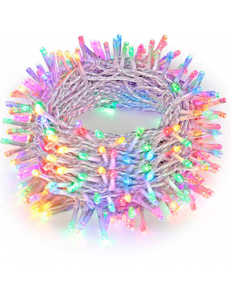 Tradineur - Tira de 300 luces LEDs a pilas - Cableado Blanco - Apto para interiores - Función de luz foja e intermitente - 24 Me
