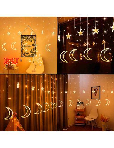 Tradineur - Cortina de luces LED con lunas y estrellas, guirnalda luminosa para interior, 9W, incluye mando regulador, Navidad,