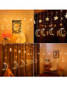Tradineur - Cortina de luces LED con lunas y estrellas, guirnalda luminosa para interior, 9W, incluye mando regulador, Navidad,
