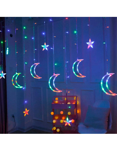Tradineur - Cortina de luces LED, lunas y estrellas, guirnalda luminosa para interior, 9W, incluye mando regulador, Navidad, ven