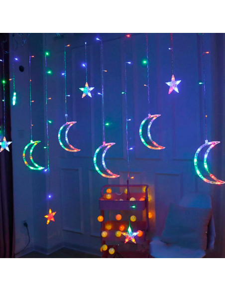 Tradineur - Cortina de luces LED, lunas y estrellas, guirnalda luminosa para interior, 9W, incluye mando regulador, Navidad, ven