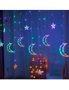Tradineur - Cortina de luces LED, lunas y estrellas, guirnalda luminosa para interior, 9W, incluye mando regulador, Navidad, ven
