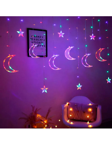 Tradineur - Cortina de luces LED, lunas y estrellas, guirnalda luminosa para interior, 9W, incluye mando regulador, Navidad, ven