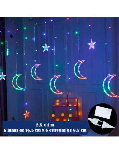 Tradineur - Cortina de luces LED, lunas y estrellas, guirnalda luminosa para interior, 9W, incluye mando regulador, Navidad, ven