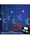 Tradineur - Cortina de luces LED, lunas y estrellas, guirnalda luminosa para interior, 9W, incluye mando regulador, Navidad, ven