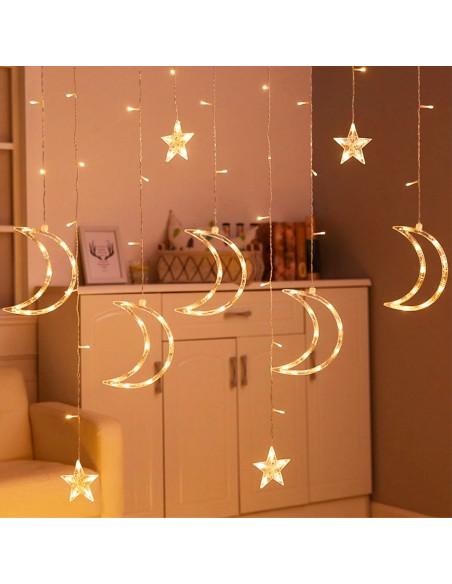 Tradineur - Cortina luces LED con lunas y estrellas, guirnalda luminosa para interior, 9W, incluye mando regulador, Navidad, ven Tradineur - Cortina luces LED con lunas y estrellas, guirnalda luminosa para interior, 9W, incluye mando regulador, Navidad, ven