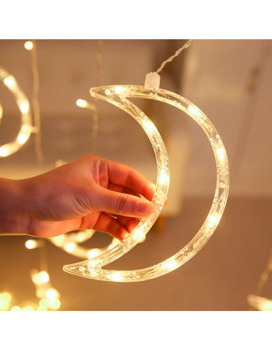 Tradineur - Cortina luces LED con lunas y estrellas, guirnalda luminosa para interior, 9W, incluye mando regulador, Navidad, ven