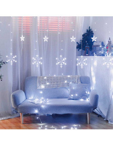 Tradineur - Cortina de luces LED con copos de nieve y estrellas, guirnalda luminosa de interior, 9W, incluye mando regulador, Na