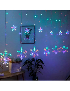 Tradineur - Cortina de luces con copos de nieve y estrellas, LED, guirnalda luminosa interior, 9W, incluye mando regulador, Navi