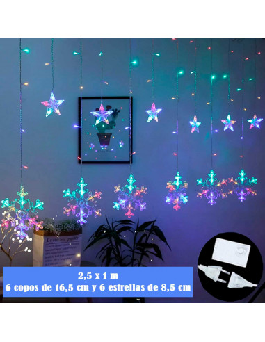 Tradineur - Cortina de luces con copos de nieve y estrellas, LED, guirnalda luminosa interior, 9W, incluye mando regulador, Navi