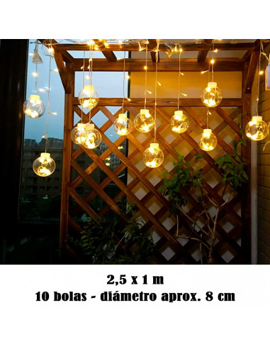 Tradineur - Cortina de luces LED con 10 bolas, guirnalda luminosa para interior, 9W, incluye mando regulador, Navidad, ventana,