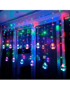 Tradineur - Cortina de luces LED, 10 bolas, guirnalda luminosa para interior, 9W, incluye mando regulador, Navidad, ventana, par