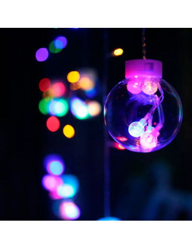 Tradineur - Cortina de luces LED, 10 bolas, guirnalda luminosa para interior, 9W, incluye mando regulador, Navidad, ventana, par