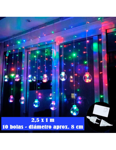 Tradineur - Cortina de luces LED, 10 bolas, guirnalda luminosa para interior, 9W, incluye mando regulador, Navidad, ventana, par