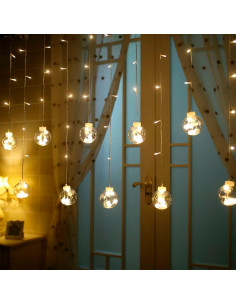 Tradineur - Cortina luces LED con 10 bolas, guirnalda luminosa para interior, 9W, incluye mando regulador, Navidad, ventana, par