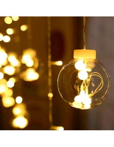 Tradineur - Cortina luces LED con 10 bolas, guirnalda luminosa para interior, 9W, incluye mando regulador, Navidad, ventana, par