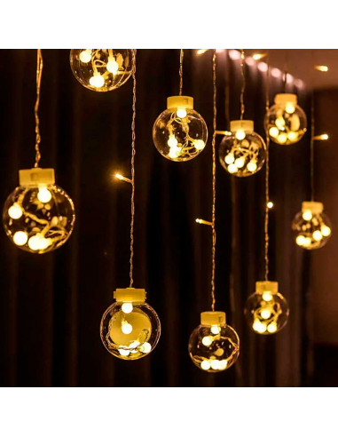 Tradineur - Cortina luces LED con 10 bolas, guirnalda luminosa para interior, 9W, incluye mando regulador, Navidad, ventana, par