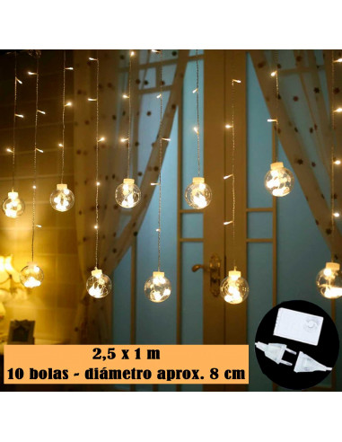 Tradineur - Cortina luces LED con 10 bolas, guirnalda luminosa para interior, 9W, incluye mando regulador, Navidad, ventana, par