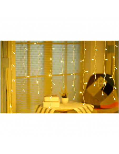Tradineur - Cortina de 144 luces LEDs - Apto para interiores - Función de luz foja e intermitente - Color Luz cálida Tradineur - Cortina de 144 luces LEDs - Apto para interiores - Función de luz foja e intermitente - Color Luz cálida