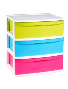 Cajonera Nilo de plástico 3 cajones, Estructura blanco cajones de multicolores aleatorio, 3 cajónes diferentes para distinguir f
