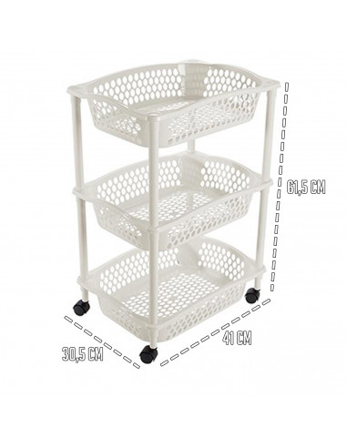 Tradienur - Carrito verdulero modelo HG de plástico con 3 cestas y ruedas, portaobjetos, organizador de alimentos, cocina (Marfi