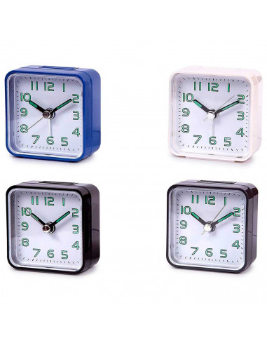 Tradineur - Reloj despertador clásico de plástico, alarma sonora, botón de apagado, funcionamiento con pila AA, 5,7 x 5,5 x 2,8