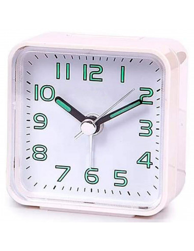 Tradineur - Reloj despertador clásico de plástico, alarma sonora, botón de apagado, funcionamiento con pila AA, 5,7 x 5,5 x 2,8