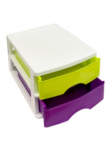 Tradineur - Cajonera de sobremesa 2 cajones de color surtido de 17,5 x 26 x 35 cm, Cajonera plástico 2 cajones para mesa multius